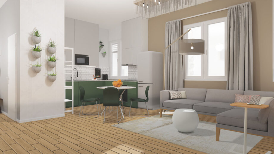 Amerikai konyhás nappali 3D látványterve